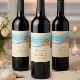 Etiqueta Para Botella De Vino Boda de Olas del Océano Azul Romántico y Conchas M