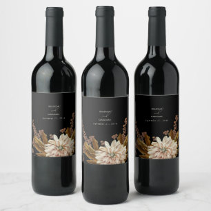 Etiqueta Para Botella De Vino Boda de otoño de color negro floral de acuarela