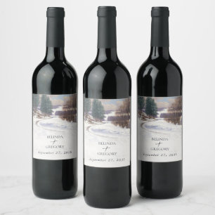 Etiqueta Para Botella De Vino Boda de paisajes de nieve de color acuático