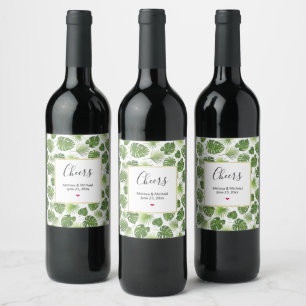 Etiqueta Para Botella De Vino Boda de patrón de hojas tropicales verdes de diseñ
