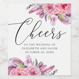 Etiqueta Para Botella De Vino Boda de plumas florales de boho rosa color de agua