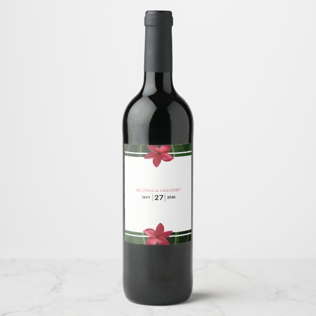 Etiqueta Para Botella De Vino Boda de Plumeria Frangipani Roja (Anverso)