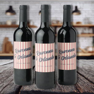 Etiqueta Para Botella De Vino Boda de rayas rosadas y azul marino retro