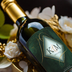 Etiqueta Para Botella De Vino Boda de resumen de oro de líneas finas V2 Emerald 