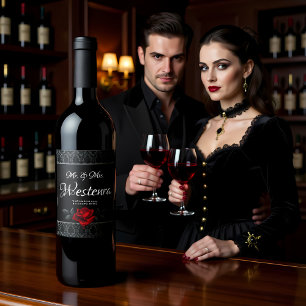 Etiqueta Para Botella De Vino Boda de Rosa Negra Damasco Gótica