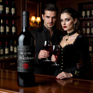 Etiqueta Para Botella De Vino Boda de Rosa Negra Damasco Gótica