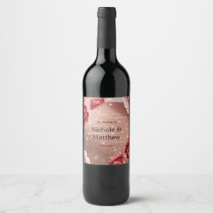 Etiqueta Para Botella De Vino Boda de Rosas Rojas con Brillo de Oro Rosa