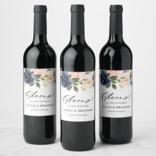 Etiqueta Para Botella De Vino Boda de Rubor y Navy Floral Bouquet Chequea