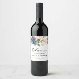 Etiqueta Para Botella De Vino Boda de Rubor y Navy Floral Bouquet Chequea