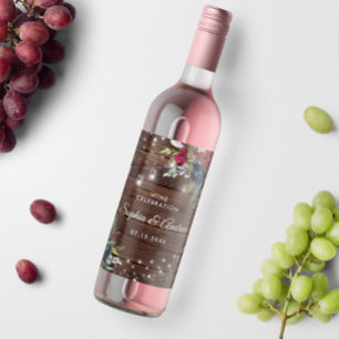 Etiqueta Para Botella De Vino Boda de Rústica Madera Borgoña Floral