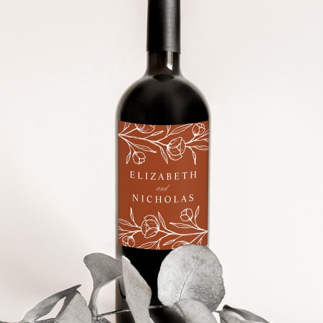 Etiqueta Para Botella De Vino Boda de Terracota Floral Esbozada (Subido por el creador)