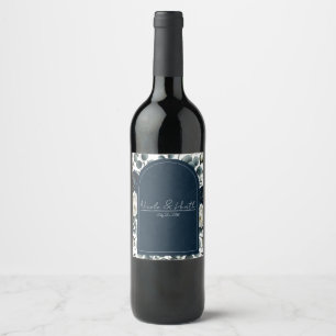 Etiqueta Para Botella De Vino Boda de vegetación floral moderna, azul oscuro y b