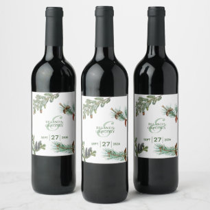Etiqueta Para Botella De Vino Boda de vegetación forestal de pinos rústicos