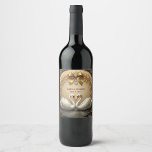 Etiqueta Para Botella De Vino 🦢 Boda del Cisne Dorado con Banda Romántica ✨