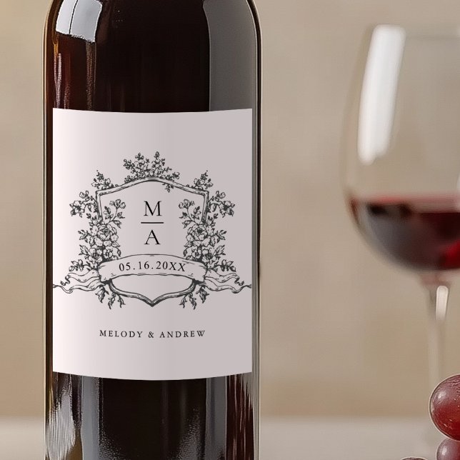 Etiqueta Para Botella De Vino Boda del Escudo floral blanco y negro clásico (Subido por el creador)