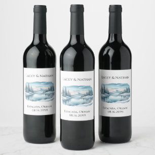 Etiqueta Para Botella De Vino Boda del Lago de Invierno Snowy Mountain