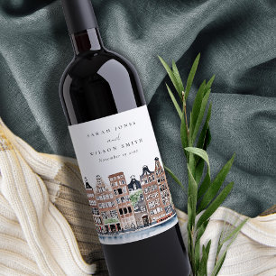 Etiqueta Para Botella De Vino Boda del paisaje del canal holandés de Ámsterdam