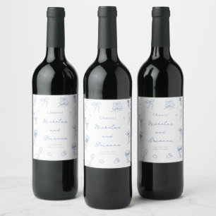 Etiqueta Para Botella De Vino Boda Dibujada a Mano Azul Polvo