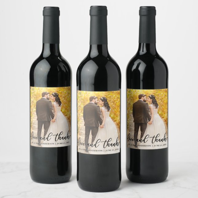 Etiqueta Para Botella De Vino Boda Elegant Script Love and Gracias Photo Blk (Botellas)
