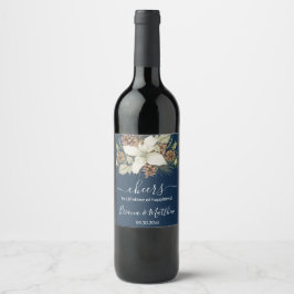Etiqueta Para Botella De Vino Boda elegante de escritura azul marino de invierno