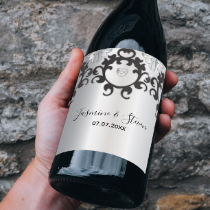 Etiqueta Para Botella De Vino Boda Elegante De Estilo Plateado Y Negro Glam