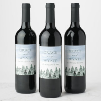 Etiqueta Para Botella De Vino Boda Elegante de Invierno con Pinos Verdes Nevados