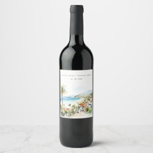 Etiqueta Para Botella De Vino Boda en acuarela de Puerto Vallarta México