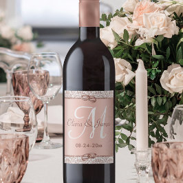 Etiqueta Para Botella De Vino Boda en Damasco con Monograma de Glamour Rosa Gold