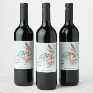 Etiqueta Para Botella De Vino Boda en la playa con flores tropicales