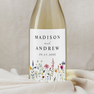 Etiqueta Para Botella De Vino Boda en un elegante prado de flores silvestres