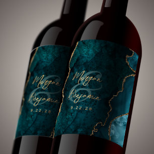 Etiqueta Para Botella De Vino Boda Escritura Dorada Ágata Azul Teal