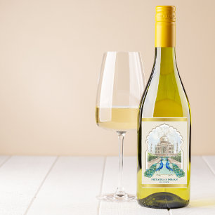 Etiqueta Para Botella De Vino Boda estético del Taj Mahal de Oro Peacock Indio