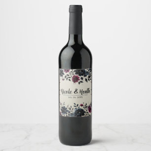 Etiqueta Para Botella De Vino Boda Floral Almendra Azul Medianoche Borgoña Tinta