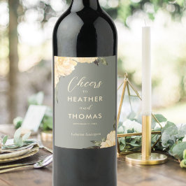 Etiqueta Para Botella De Vino Boda floral amarillo verde sabio moderno
