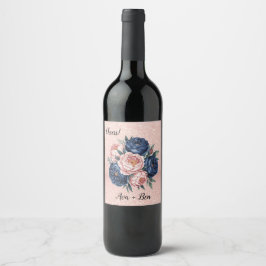Etiqueta Para Botella De Vino Boda floral azul marino y Rosa dorado