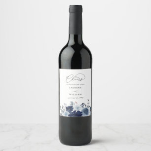 Etiqueta Para Botella De Vino Boda floral azul y naval