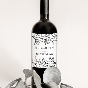 Etiqueta Para Botella De Vino Boda floral blanco y negro