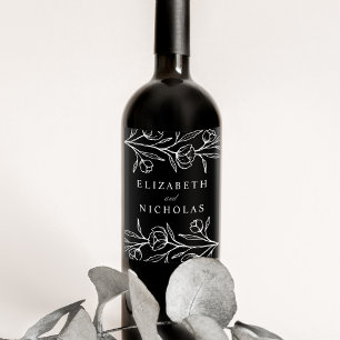 Etiqueta Para Botella De Vino Boda floral blanco y negro