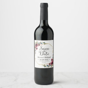 Etiqueta Para Botella De Vino Boda Floral Burgundy Chic Rústico Guárdala Fecha