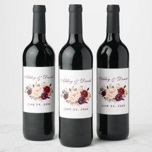 Etiqueta Para Botella De Vino Boda Floral Burgundy Watercolor