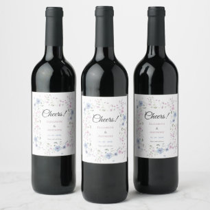 Etiqueta Para Botella De Vino Boda floral caprichosa en azul polvoriento y rosa