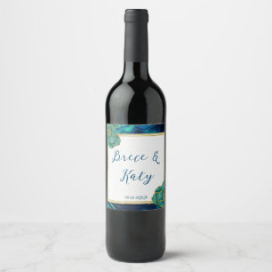 Etiqueta Para Botella De Vino Boda Floral de Ágata Azul Teal