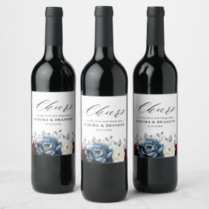Etiqueta Para Botella De Vino Boda floral de marfil blanco de borgoña azul pizar