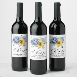 Etiqueta Para Botella De Vino Boda floral de pijama azul turquesa de girasol