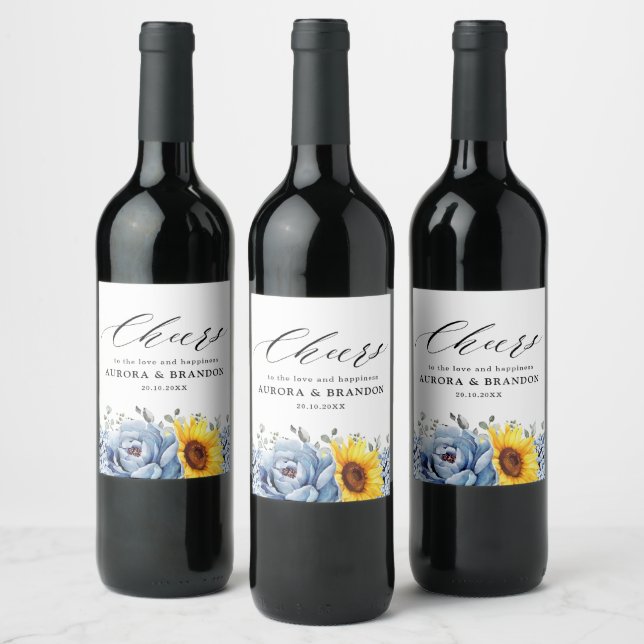 Etiqueta Para Botella De Vino Boda floral de pijama azul turquesa de girasol (Botellas)