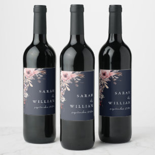 Etiqueta Para Botella De Vino Boda floral de rosa polvorienta azul marino temper