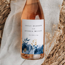 Etiqueta Para Botella De Vino Boda floral Dusky Blue Gold