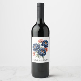 Etiqueta Para Botella De Vino Boda floral elegante de azul y naranja quemada