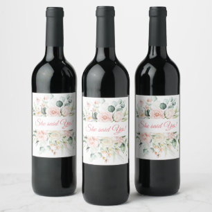 Etiqueta Para Botella De Vino Boda Floral Elegante Moda Rosa dijo Sí