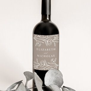 Etiqueta Para Botella De Vino Boda Floral Esbozada de Taupe